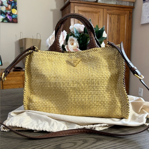 Prada Madras Woven and Leather Tote Bag - Picture 1 of 16